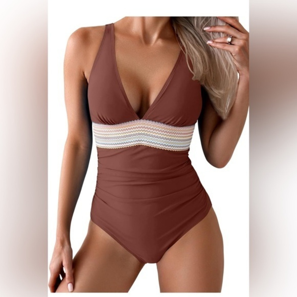AIDONGER Women's One Piece Swimsuit Tummy Control V-Neck Ruched Bathing Suit L